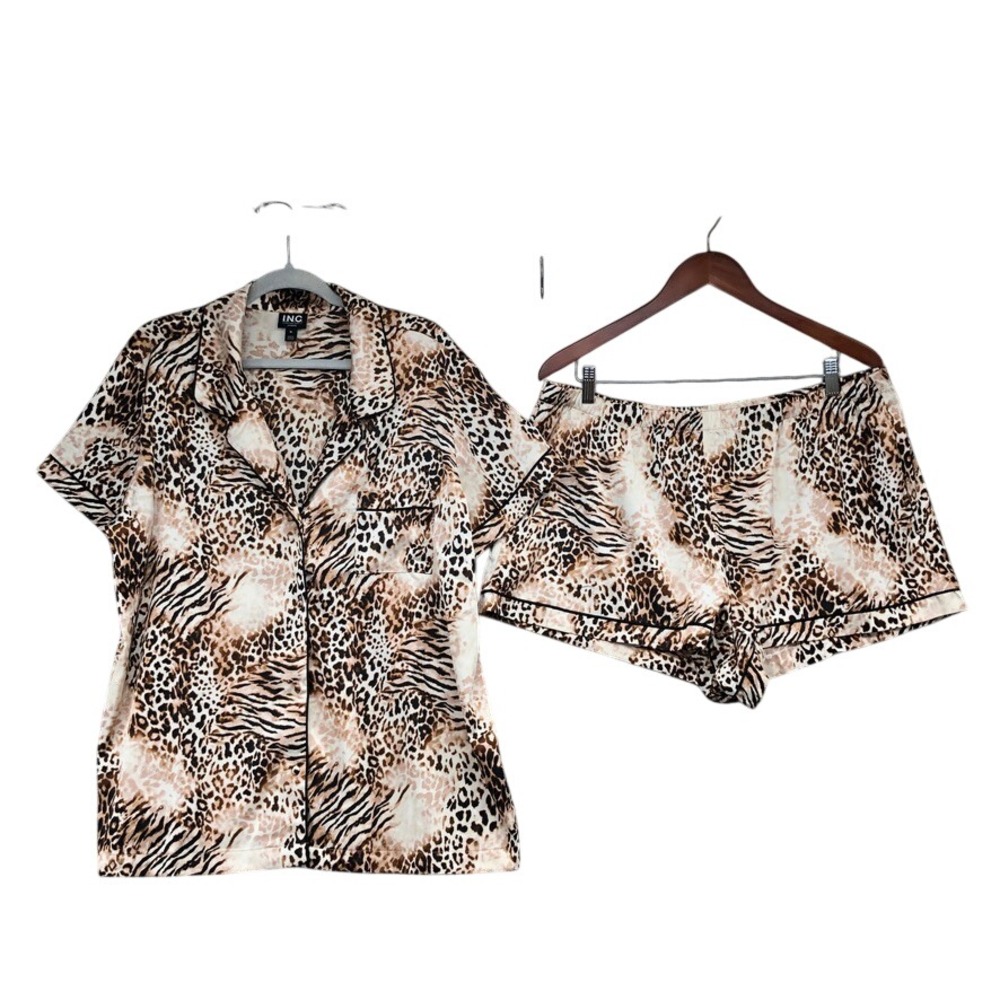 INC Pajama Outfit Womens XL Tan Leopard Print Satin Short Sleeve Shorts Set